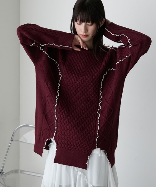 forksy.】【セットアップ対応】メロー配色ステッチケーブルニットプル