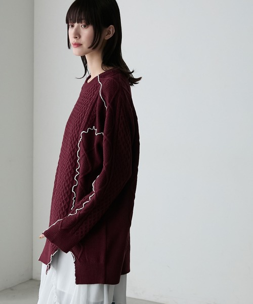 forksy.(フォルクシー)の「【forksy.】【セットアップ対応】メロー配色ステッチケーブルニットプルオーバー(ニット/セーター・レディース・ブラック/アイボリー/杢グレー/バーガンディー・FREE)」の17枚目の写真