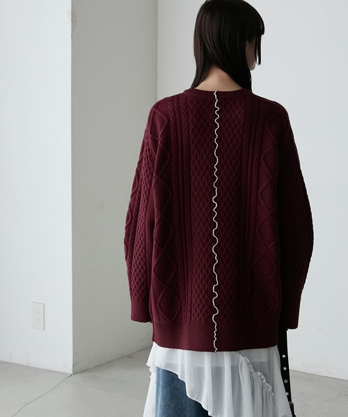 forksy.(フォルクシー)の「【forksy.】【セットアップ対応】メロー配色ステッチケーブルニットプルオーバー(ニット/セーター・レディース・ブラック/アイボリー/杢グレー/バーガンディー・FREE)」の18枚目の写真