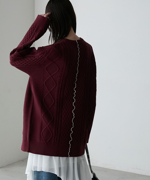 forksy.】【セットアップ対応】メロー配色ステッチケーブルニットプル