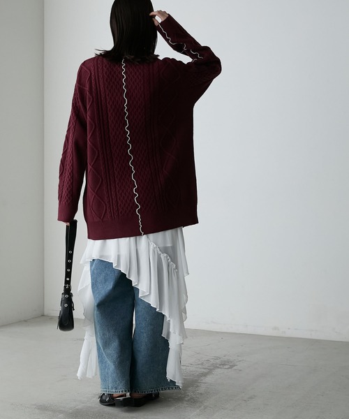 forksy.】【セットアップ対応】メロー配色ステッチケーブルニットプル