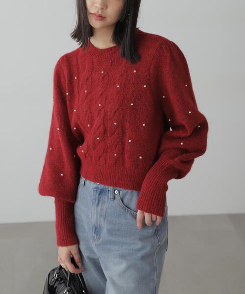 【ケーブル】 ニット セーター ショート丈 トンガリ えんじ 臙脂 レトロ ケーブル】 ニット セーター ショート丈 トンガリ えんじ 臙脂