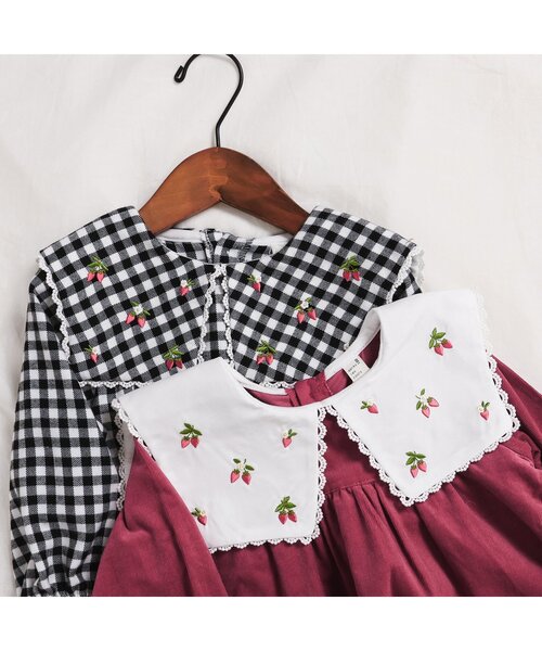 チェック柄ドレス いちご刺繍付き セール】いちご襟刺繍チェック・コーデュロイワンピース