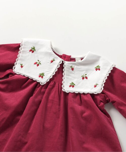 セール】いちご襟刺繍チェック・コーデュロイワンピース