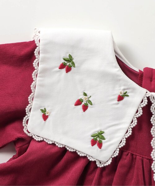 チェック柄ドレス いちご刺繍付き セール】いちご襟刺繍チェック・コーデュロイワンピース