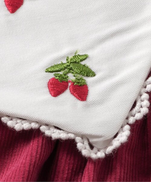 チェック柄ドレス いちご刺繍付き セール】いちご襟刺繍チェック・コーデュロイワンピース