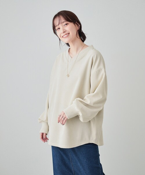 Cutie Blonde（キューティーブロンド）の「◆【S-LL/体型カバー】異素材コーデュロイトップス（Tシャツ/カットソー・レディース・グリーン系/ブラウン系その他/アイボリー・04/03/02/01）」の4枚目の写真