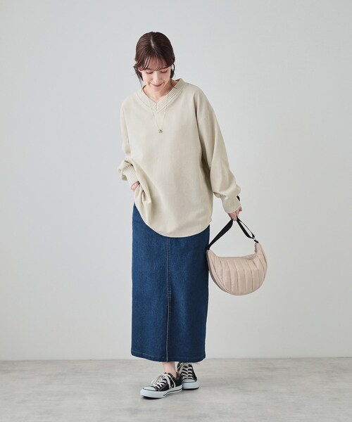 Cutie Blonde（キューティーブロンド）の「◆【S-LL/体型カバー】異素材コーデュロイトップス（Tシャツ/カットソー・レディース・グリーン系/ブラウン系その他/アイボリー・04/03/02/01）」の6枚目の写真