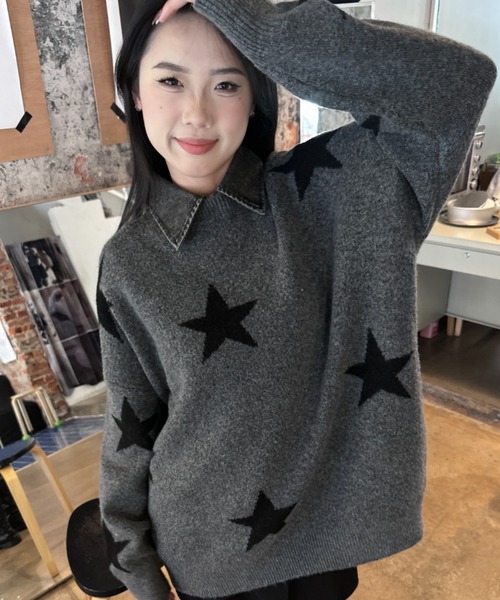 セール】【つけ襟セット】 バイカラーチェリー/星柄ニット（ニット