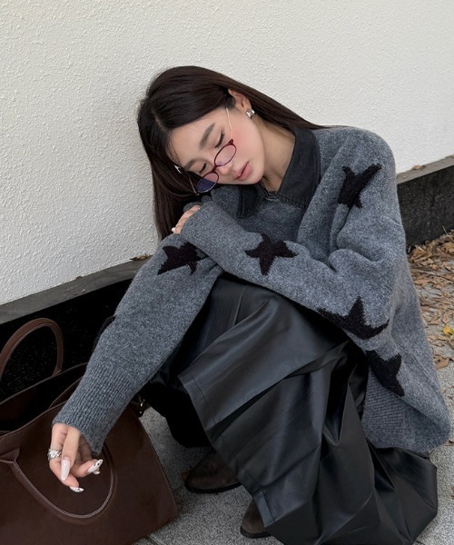 セール】【つけ襟セット】 バイカラーチェリー/星柄ニット（ニット