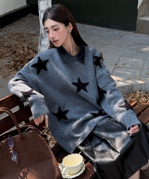 セール】【つけ襟セット】 バイカラーチェリー/星柄ニット（ニット
