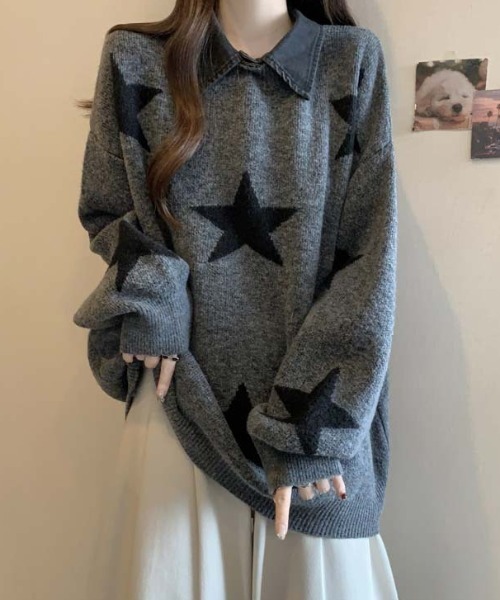 セール】【つけ襟セット】 バイカラーチェリー/星柄ニット（ニット