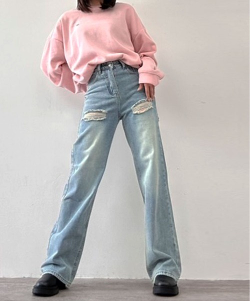 kirakiraShop(キラキラショップ)の「ヴィンテージ ライク ハイウエスト クラッシュ デニム(デニムパンツ・レディース・ブルー・S/M/L/XL)」の10枚目の写真
