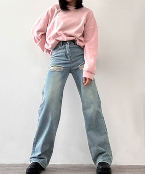 kirakiraShop(キラキラショップ)の「ヴィンテージ ライク ハイウエスト クラッシュ デニム(デニムパンツ・レディース・ブルー・S/M/L/XL)」の11枚目の写真