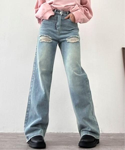 kirakiraShop(キラキラショップ)の「ヴィンテージ ライク ハイウエスト クラッシュ デニム(デニムパンツ・レディース・ブルー・S/M/L/XL)」の9枚目の写真