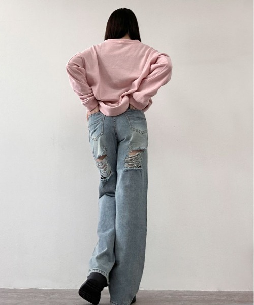 kirakiraShop(キラキラショップ)の「ヴィンテージ ライク ハイウエスト クラッシュ デニム(デニムパンツ・レディース・ブルー・S/M/L/XL)」の12枚目の写真