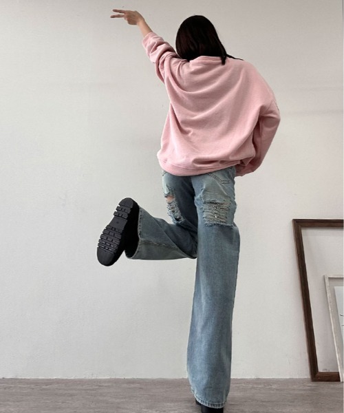 kirakiraShop(キラキラショップ)の「ヴィンテージ ライク ハイウエスト クラッシュ デニム(デニムパンツ・レディース・ブルー・S/M/L/XL)」の13枚目の写真
