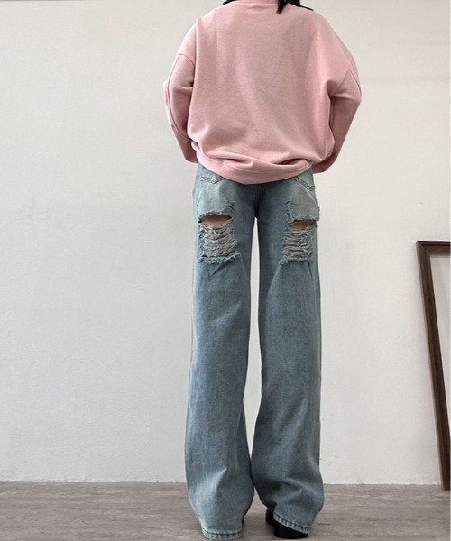 kirakiraShop(キラキラショップ)の「ヴィンテージ ライク ハイウエスト クラッシュ デニム(デニムパンツ・レディース・ブルー・S/M/L/XL)」の14枚目の写真