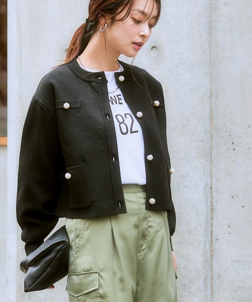 nissen（ニッセン）の「大粒パール調ボタンニットジャケット（その他アウター・レディース・ホワイト×ブラック/ブラック・S/3L/LL/L/M）」の2枚目の写真