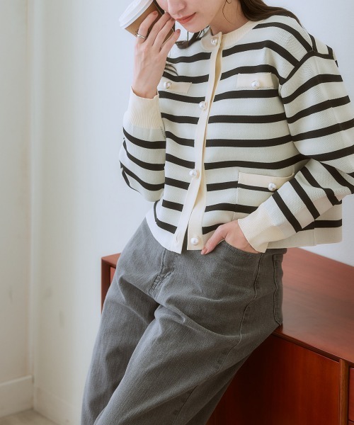 nissen（ニッセン）の「大粒パール調ボタンニットジャケット（その他アウター・レディース・ホワイト×ブラック/ブラック・S/3L/LL/L/M）」の6枚目の写真