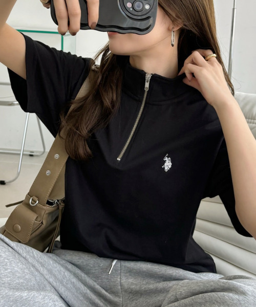 U.S. POLO ASSN.(ユーエスポロアッスン)の「U.S. POLO ASSN. ハーフジップ Tシャツ(ポロシャツ・レディース・ダークブラウン/ネイビー/ブラック/オフホワイト・S/M/L)」の1枚目の写真