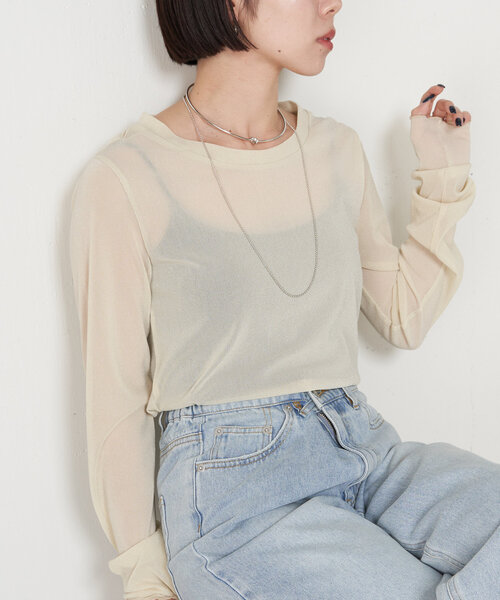 Jena espace merveilleux(ジェナ エスパスメルヴェイユ)の「シアーラメロンT(Tシャツ/カットソー・レディース・ベージュ/ブラック/オフホワイト・FREE)」の3枚目の写真