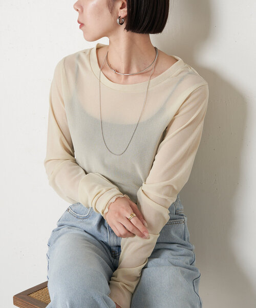 Jena espace merveilleux(ジェナ エスパスメルヴェイユ)の「シアーラメロンT(Tシャツ/カットソー・レディース・ベージュ/ブラック/オフホワイト・FREE)」の21枚目の写真