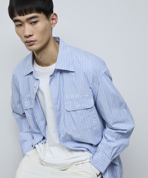 Firsthand（ファーストハンド）の「MA Firsthand/マ ファーストハンド BASICロゴ刺繍 オーバーサイズ ブロードワークシャツ ストライプ / レギュラーカラーシャツ / ダブルポケット 長袖シャツ（シャツ/ブラウス・メンズ・サックスブルー/ホワイト・L/M/MEDIUM/LARGE）」の3枚目の写真