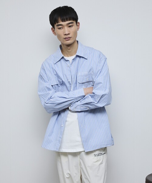 Firsthand（ファーストハンド）の「MA Firsthand/マ ファーストハンド BASICロゴ刺繍 オーバーサイズ ブロードワークシャツ ストライプ / レギュラーカラーシャツ / ダブルポケット 長袖シャツ（シャツ/ブラウス・メンズ・サックスブルー/ホワイト・L/M/MEDIUM/LARGE）」の6枚目の写真