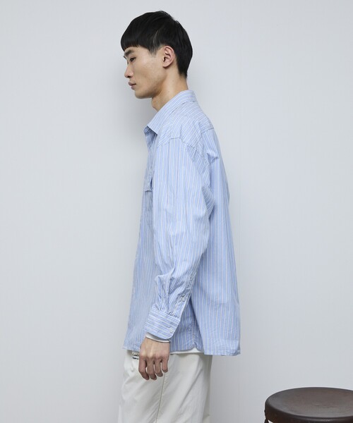 Firsthand（ファーストハンド）の「MA Firsthand/マ ファーストハンド BASICロゴ刺繍 オーバーサイズ ブロードワークシャツ ストライプ / レギュラーカラーシャツ / ダブルポケット 長袖シャツ（シャツ/ブラウス・メンズ・サックスブルー/ホワイト・L/M/MEDIUM/LARGE）」の7枚目の写真