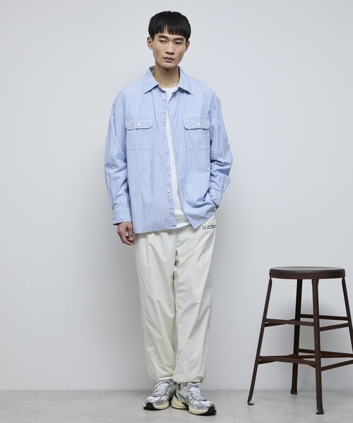 Firsthand（ファーストハンド）の「MA Firsthand/マ ファーストハンド BASICロゴ刺繍 オーバーサイズ ブロードワークシャツ ストライプ / レギュラーカラーシャツ / ダブルポケット 長袖シャツ（シャツ/ブラウス・メンズ・サックスブルー/ホワイト・L/M/MEDIUM/LARGE）」の11枚目の写真
