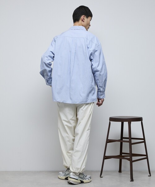 Firsthand（ファーストハンド）の「MA Firsthand/マ ファーストハンド BASICロゴ刺繍 オーバーサイズ ブロードワークシャツ ストライプ / レギュラーカラーシャツ / ダブルポケット 長袖シャツ（シャツ/ブラウス・メンズ・サックスブルー/ホワイト・L/M/MEDIUM/LARGE）」の17枚目の写真