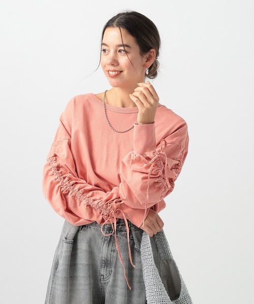 BAYFLOW（ベイフロー）の「シャーリングスリーブロングスリーブT（Tシャツ/カットソー・レディース・ベージュ/チャコール/ピンク・FREE）」の3枚目の写真