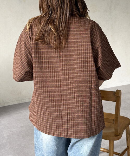 CPCM（シーピーシーエム）の「シアサッカーチェック半袖テーラードジャケット（テーラードジャケット・レディース・ブルー/ブラウン/レッド・FREE）」の6枚目の写真