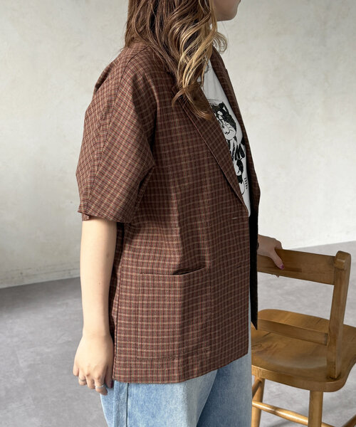 CPCM（シーピーシーエム）の「シアサッカーチェック半袖テーラードジャケット（テーラードジャケット・レディース・ブルー/ブラウン/レッド・FREE）」の7枚目の写真