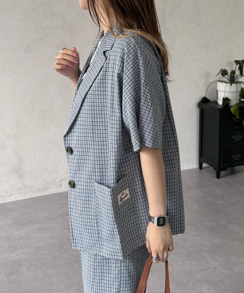 CPCM（シーピーシーエム）の「シアサッカーチェック半袖テーラードジャケット（テーラードジャケット・レディース・ブルー/ブラウン/レッド・FREE）」の14枚目の写真