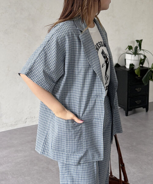 CPCM（シーピーシーエム）の「シアサッカーチェック半袖テーラードジャケット（テーラードジャケット・レディース・ブルー/ブラウン/レッド・FREE）」の16枚目の写真