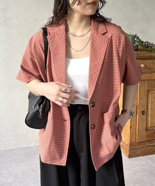 CPCM（シーピーシーエム）の「シアサッカーチェック半袖テーラードジャケット（テーラードジャケット・レディース・ブルー/ブラウン/レッド・FREE）」の21枚目の写真