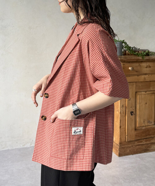 CPCM（シーピーシーエム）の「シアサッカーチェック半袖テーラードジャケット（テーラードジャケット・レディース・ブルー/ブラウン/レッド・FREE）」の22枚目の写真