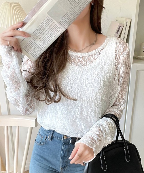 セール】大人の上品映えレースアイテム。袖ギャザーレーストップス