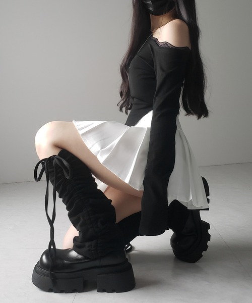 me+em select（ミームセレクト）の「【 ３color 】ストラップリボンサイドシャーリングレッグカバー ／ strap ribbon side shirring leg cover（レッグウォーマー・レディース・ブラック/グレー/ホワイト・FREE）」の16枚目の写真