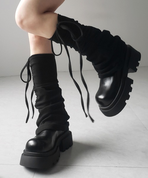 me+em select（ミームセレクト）の「【 ３color 】ストラップリボンサイドシャーリングレッグカバー ／ strap ribbon side shirring leg cover（レッグウォーマー・レディース・ブラック/グレー/ホワイト・FREE）」の4枚目の写真