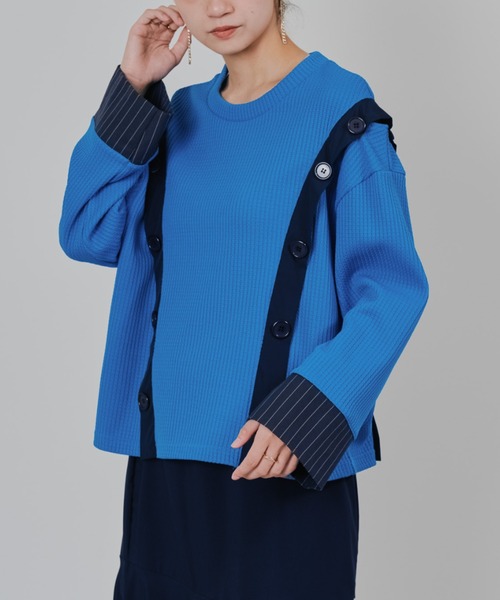 DOLLUPOOPS（ドールアップウップス）の「ショルダーオープンワッフルニットライクトップス（Tシャツ/カットソー・レディース・チャコール/ブルー/オフホワイト・38）」の3枚目の写真