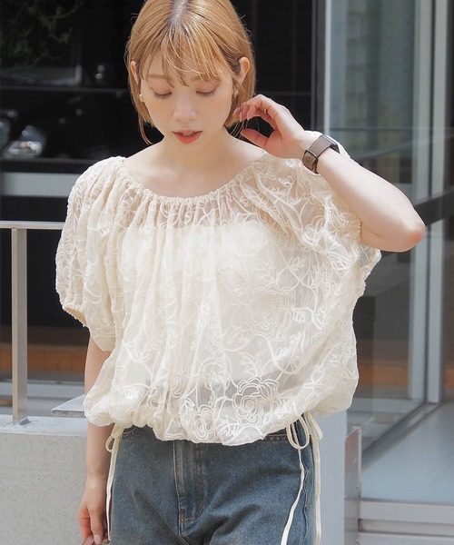 シアー刺繍裾リボンブラウス（シャツ/ブラウス）｜tiptop