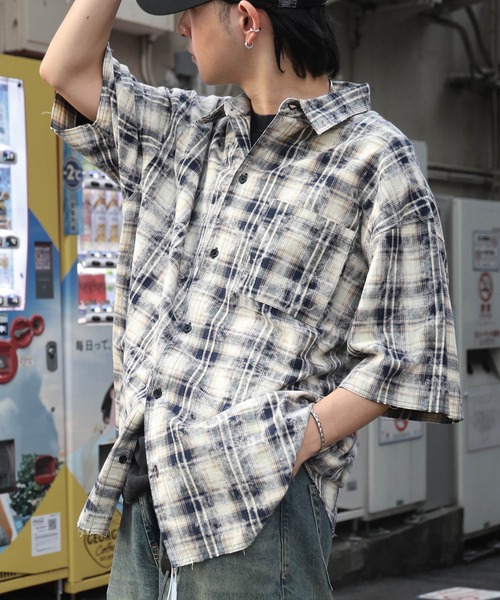 25SS ウォッシュ加工 半袖チェックシャツ カットオフ グランジ メンズ