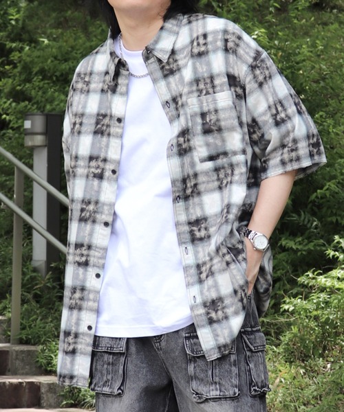 メンズ チェック柄シャツ 半袖シャツ ウォッシュ加工 25SS ウォッシュ加工 半袖チェックシャツ カットオフ グランジ