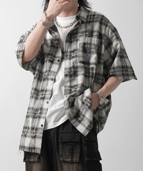 メンズ チェック柄シャツ 半袖シャツ ウォッシュ加工 25SS ウォッシュ加工 半袖チェックシャツ カットオフ グランジ