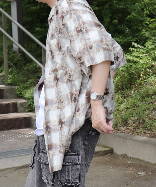 メンズ チェック柄シャツ 半袖シャツ ウォッシュ加工 25SS ウォッシュ加工 半袖チェックシャツ カットオフ グランジ