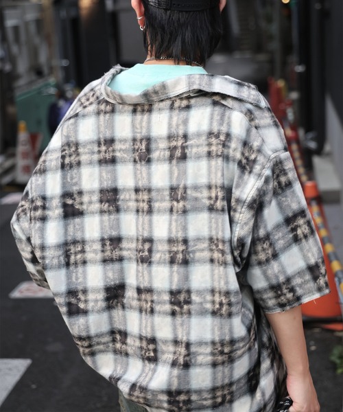 25SS ウォッシュ加工 半袖チェックシャツ カットオフ グランジ メンズ