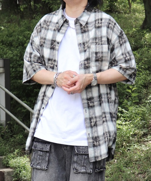 セール】25SS ウォッシュ加工 半袖チェックシャツ カットオフ